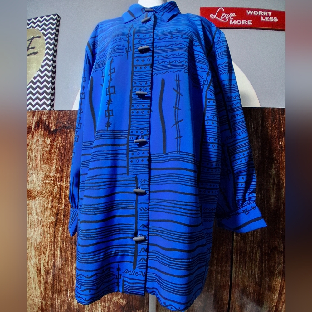 🔥NEW Jaclyn Smith BLUE GEOMETRIC Print OVERSIZED TUNIC TOP Size 18W